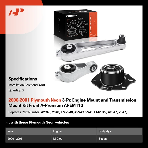 2000-2001 Plymouth Neon 3-Pc Engine Mount and Transmission Mount Kit Front A-Premium APEM113