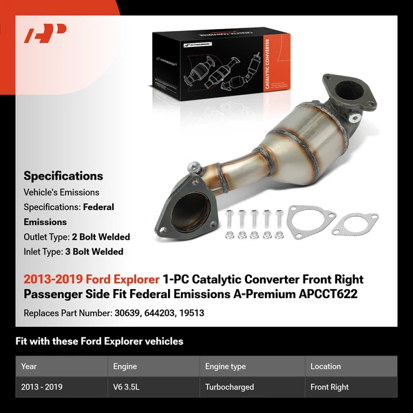 2013-2019 Ford Explorer 1-PC Catalytic Converter Front Right Passenger Side Fit Federal Emissions A-Premium APCCT622