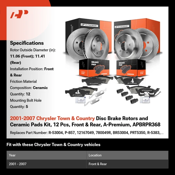 2001-2007 Chrysler Town & Country Disc Brake Rotors and Ceramic Pads Kit, 12 Pcs, Front & Rear, A-Premium, APBRPR368