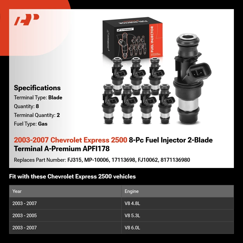 2003-2007 Chevrolet Express 2500 8-Pc Fuel Injector 2-Blade Terminal A-Premium APFI178