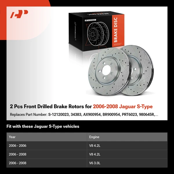 2 Pcs Front Drilled Brake Rotors for 2006-2008 Jaguar S-Type