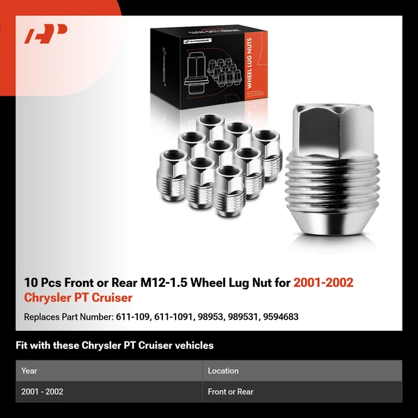 10 Pcs Front or Rear M12-1.5 Wheel Lug Nut for 2001-2002 Chrysler PT Cruiser