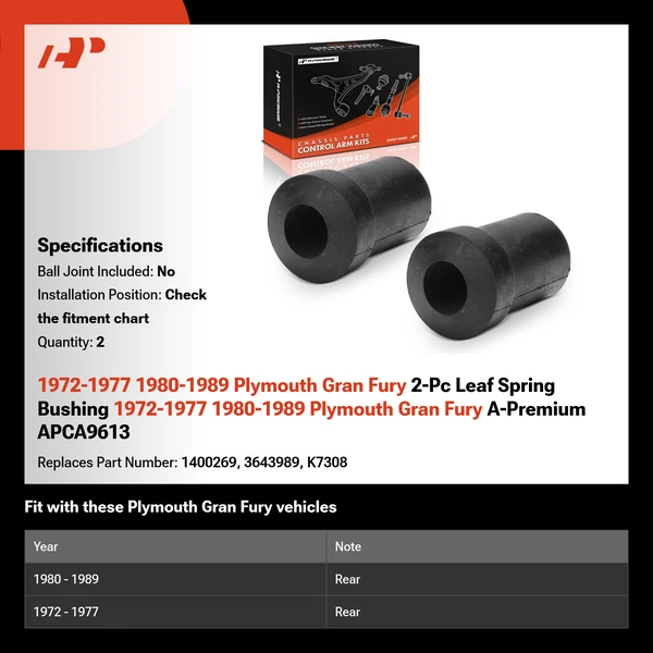 1972-1977 1980-1989 Plymouth Gran Fury 2-Pc Leaf Spring Bushing 1972-1977 1980-1989 Plymouth Gran Fury A-Premium APCA9613