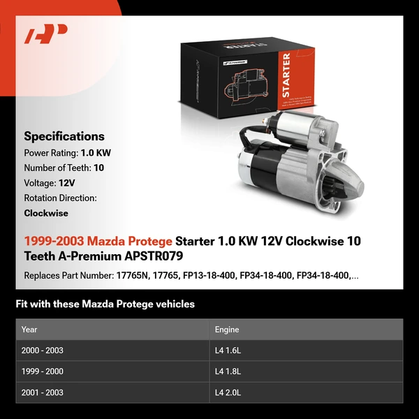 1999-2003 Mazda Protege Starter 1.0 KW 12V Clockwise 10 Teeth A-Premium APSTR079