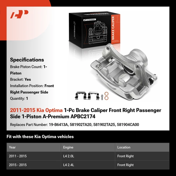 2011-2015 Kia Optima 1-Pc Brake Caliper Front Right Passenger Side 1-Piston A-Premium APBC2174