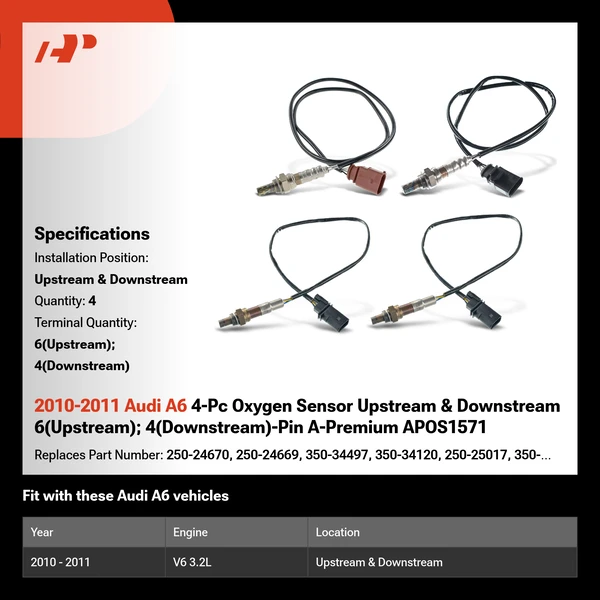 2010-2011 Audi A6 4-Pc Oxygen Sensor Upstream & Downstream 6(Upstream); 4(Downstream)-Pin A-Premium APOS1571