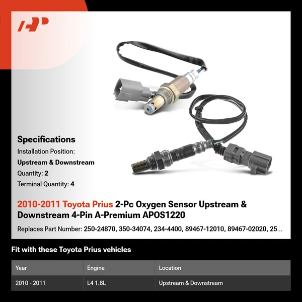 2010-2011 Toyota Prius 2-Pc Oxygen Sensor Upstream & Downstream 4-Pin A-Premium APOS1220