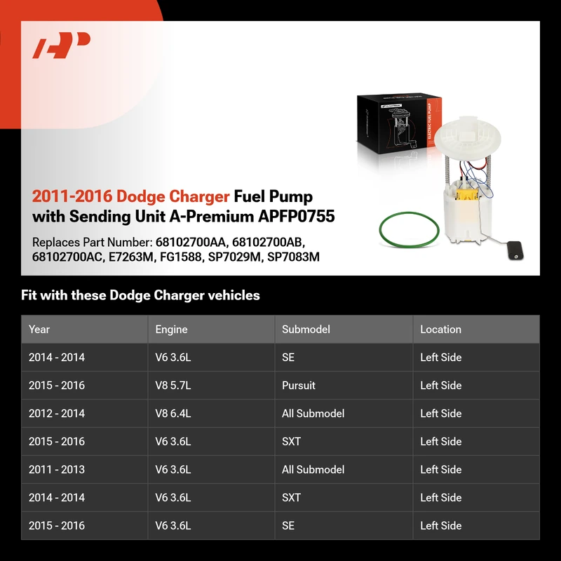 2011-2016 Dodge Charger Fuel Pump with Sending Unit A-Premium APFP0755