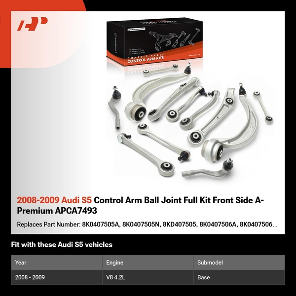 2008-2009 Audi S5 Control Arm Ball Joint Full Kit Front Side A-Premium APCA7493
