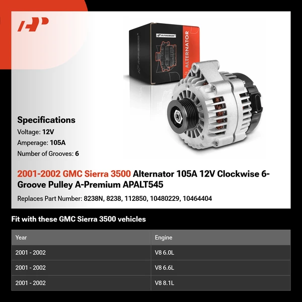 2001-2002 GMC Sierra 3500 Alternator 105A 12V Clockwise 6-Groove Pulley A-Premium APALT545