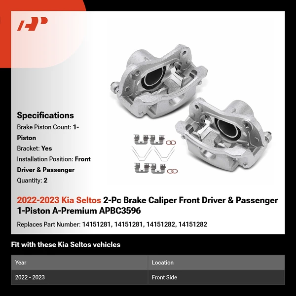2022-2023 Kia Seltos 2-Pc Brake Caliper Front Driver & Passenger 1-Piston A-Premium APBC3596