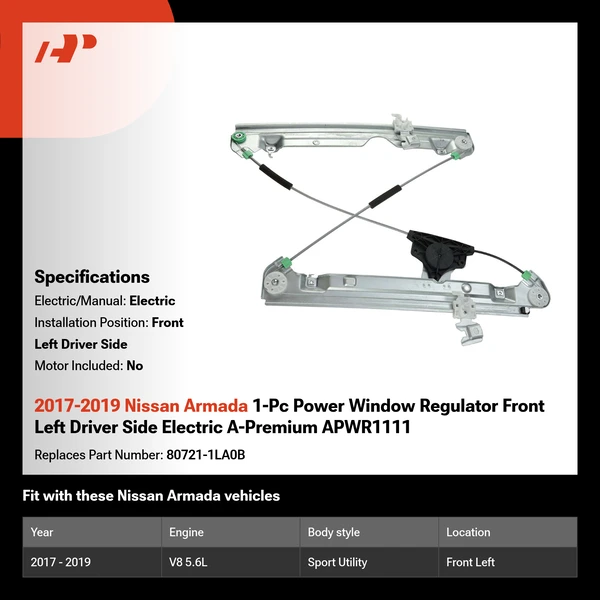 2017-2019 Nissan Armada 1-Pc Power Window Regulator Front Left Driver Side Electric A-Premium APWR1111
