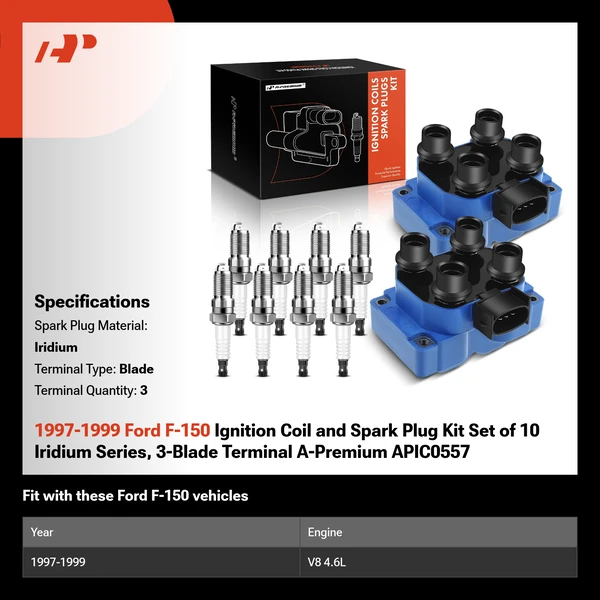1997-1999 Ford F-150 Ignition Coil and Spark Plug Kit Set of 10 Iridium Series, 3-Blade Terminal A-Premium APIC0557