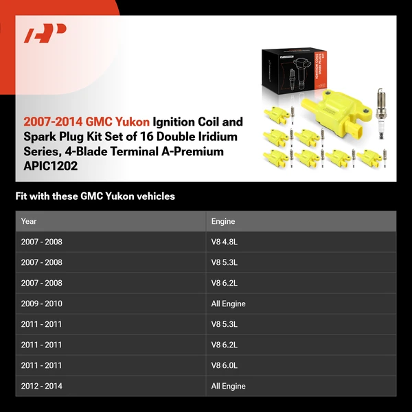 2007-2014 GMC Yukon Ignition Coil and Spark Plug Kit Set of 16 Double Iridium Series, 4-Blade Terminal A-Premium APIC1202