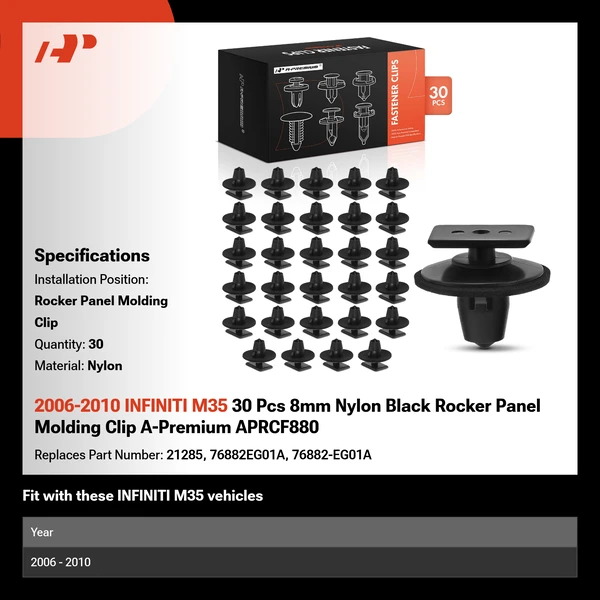 2006-2010 INFINITI M35 30 Pcs 8mm Nylon Black Rocker Panel Molding Clip A-Premium APRCF880