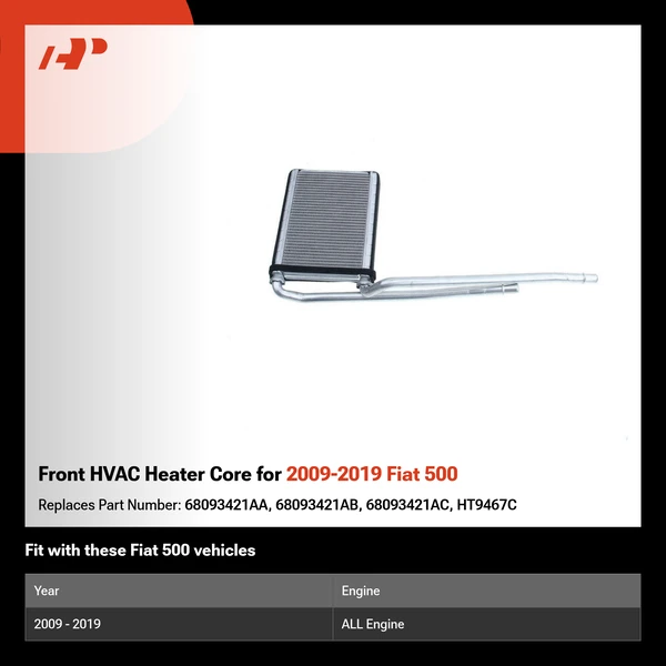 Front HVAC Heater Core for 2009-2019 Fiat 500