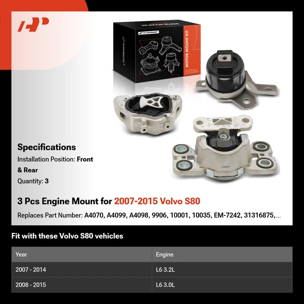 3 Pcs Engine Mount for 2007-2015 Volvo S80