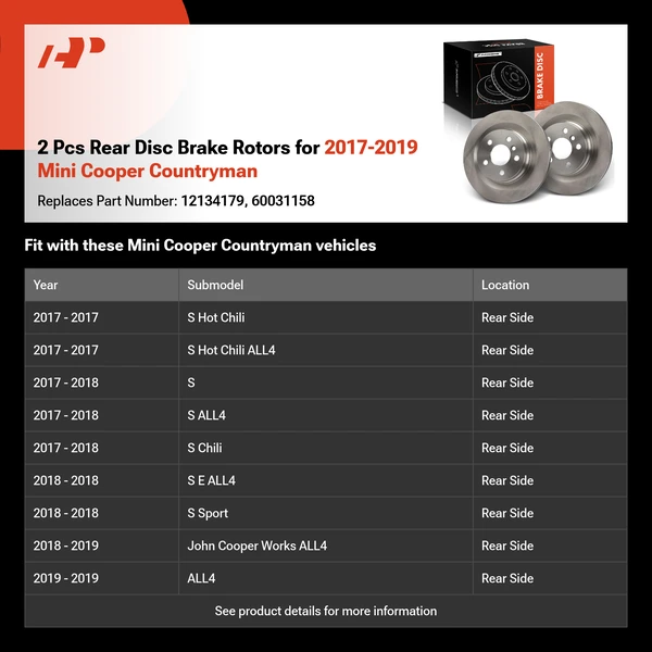 2 Pcs Rear Disc Brake Rotors for 2017-2019 Mini Cooper Countryman