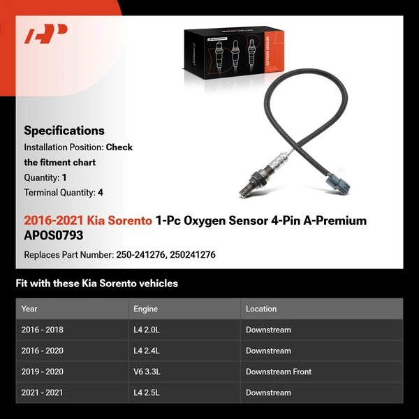 2016-2021 Kia Sorento 1-Pc Oxygen Sensor 4-Pin A-Premium APOS0793