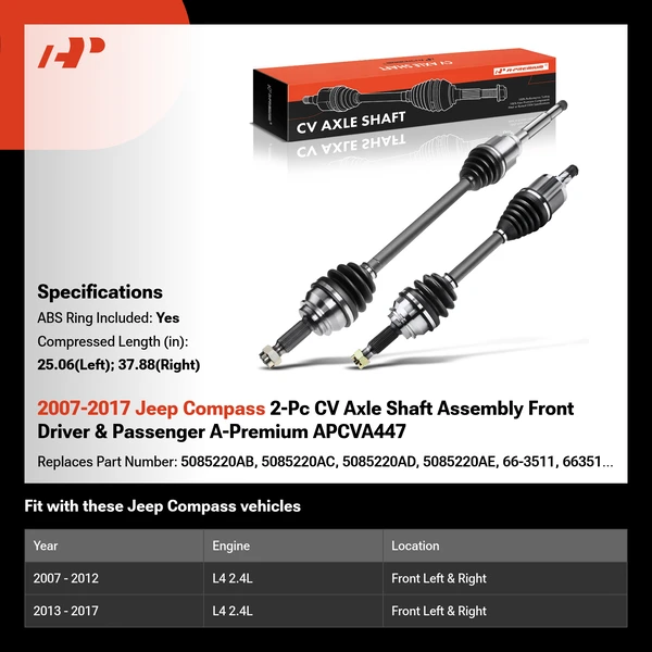 2007-2017 Jeep Compass 2-Pc CV Axle Shaft Assembly Front Driver & Passenger A-Premium APCVA447