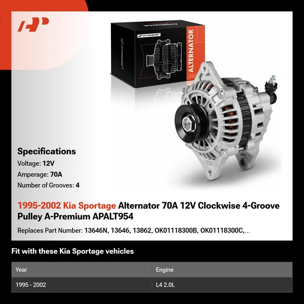 1995-2002 Kia Sportage Alternator 70A 12V Clockwise 4-Groove Pulley A-Premium APALT954