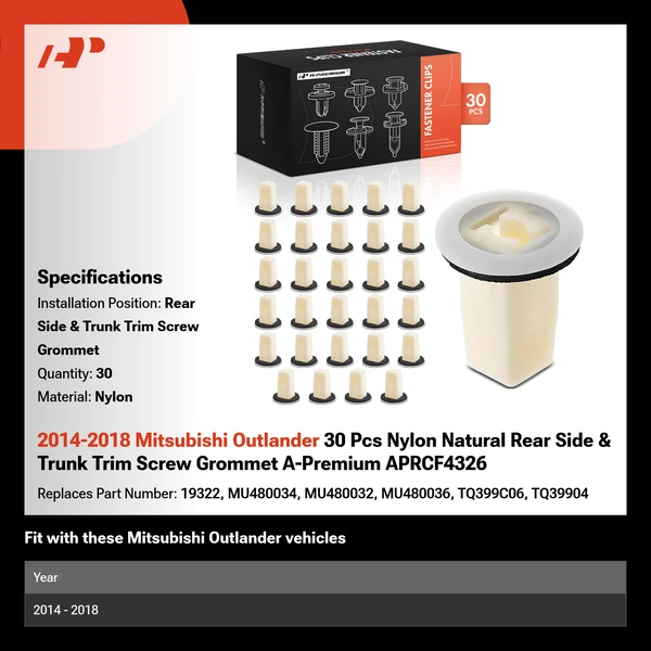 2014-2018 Mitsubishi Outlander 30 Pcs Nylon Natural Rear Side & Trunk Trim Screw Grommet A-Premium APRCF4326
