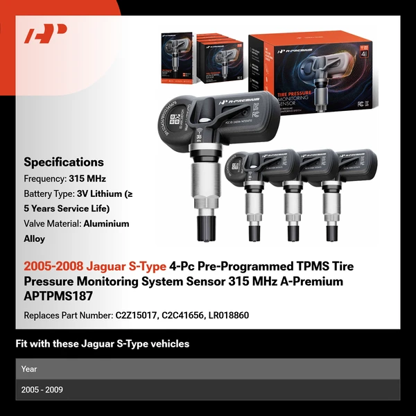 2005-2008 Jaguar S-Type 4-Pc Pre-Programmed TPMS Tire Pressure Monitoring System Sensor 315 MHz A-Premium APTPMS187