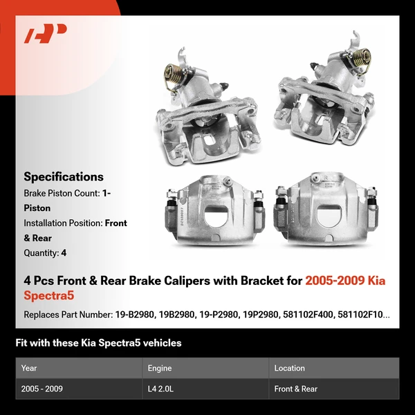 4 Pcs Front & Rear Brake Calipers with Bracket for 2005-2009 Kia Spectra5