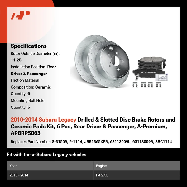 2010-2014 Subaru Legacy Drilled & Slotted Disc Brake Rotors and Ceramic Pads Kit, 6 Pcs, Rear Driver & Passenger, A-Premium, APBRPS063