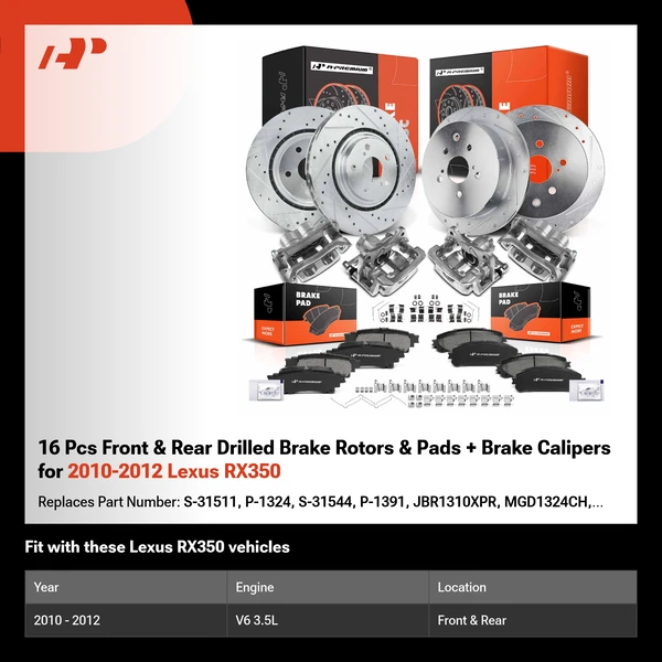 16 Pcs Front & Rear Drilled Brake Rotors & Pads + Brake Calipers for 2010-2012 Lexus RX350
