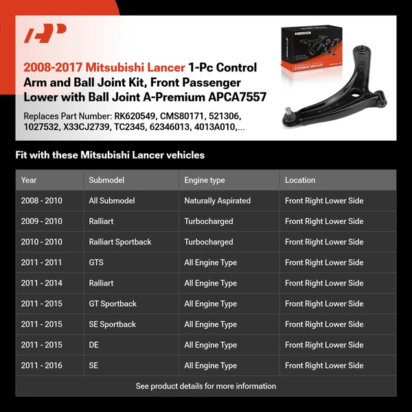 2008-2017 Mitsubishi Lancer 1-Pc Control Arm and Ball Joint Kit, Front Passenger Lower with Ball Joint A-Premium APCA7557