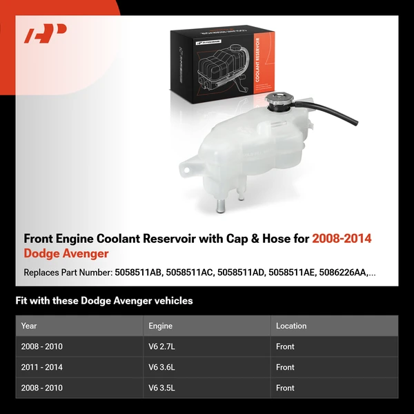 Front Engine Coolant Reservoir with Cap & Hose for 2008-2014 Dodge Avenger