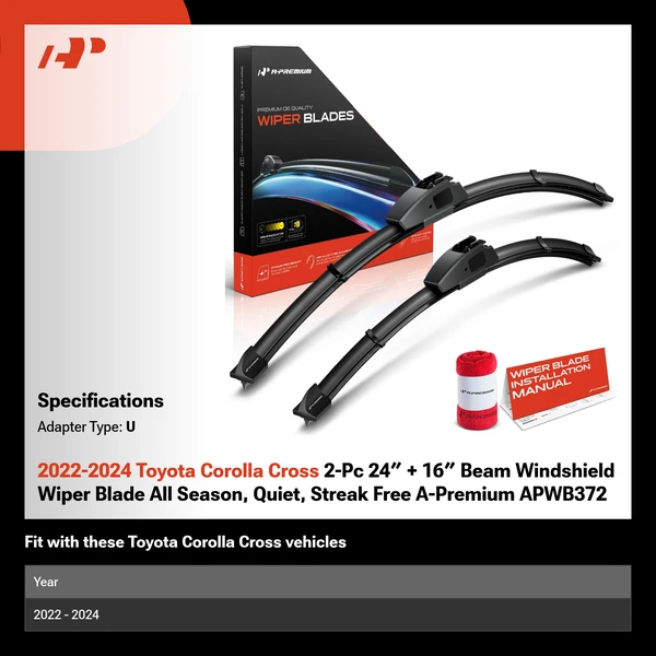 2022-2024 Toyota Corolla Cross 2-Pc 24″ + 16″ Beam Windshield Wiper Blade All Season, Quiet, Streak Free A-Premium APWB372