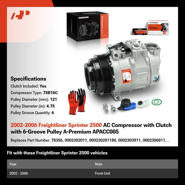 2002-2006 Freightliner Sprinter 2500 AC Compressor with Clutch with 6-Groove Pulley A-Premium APACC005