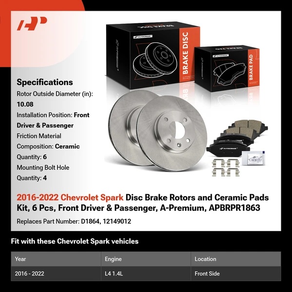 2016-2022 Chevrolet Spark Disc Brake Rotors and Ceramic Pads Kit, 6 Pcs, Front Driver & Passenger, A-Premium, APBRPR1863