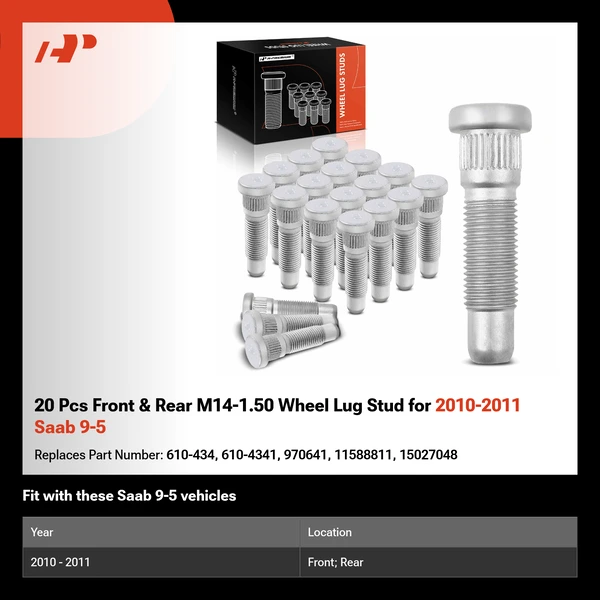 20 Pcs Front & Rear M14-1.50 Wheel Lug Stud for 2010-2011 Saab 9-5