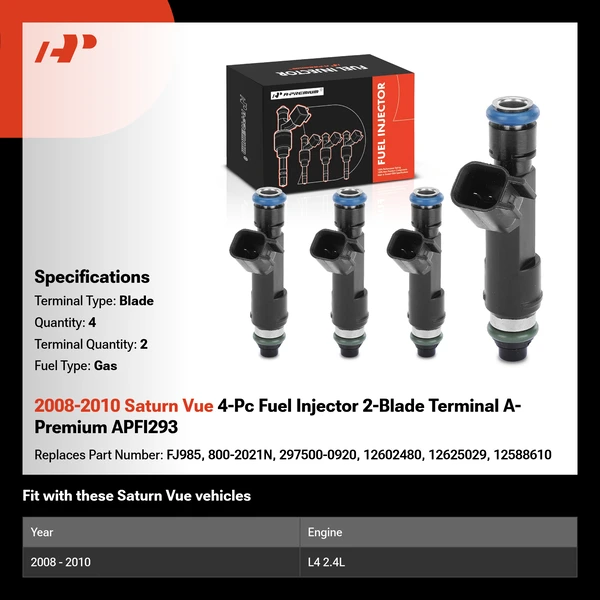 2008-2010 Saturn Vue 4-Pc Fuel Injector 2-Blade Terminal A-Premium APFI293