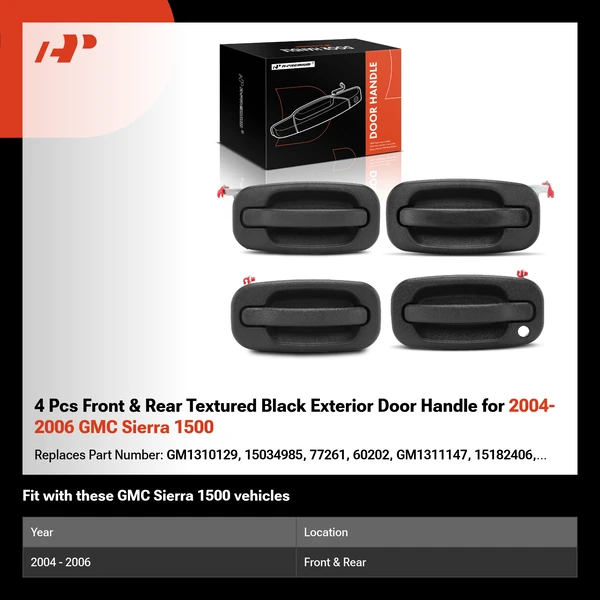 4 Pcs Front & Rear Textured Black Exterior Door Handle for 2004-2006 GMC Sierra 1500