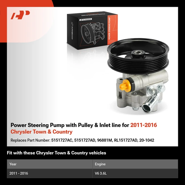 Power Steering Pump with Pulley & Inlet line for 2011-2016 Chrysler Town & Country