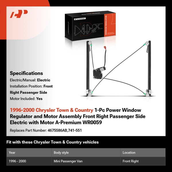 1996-2000 Chrysler Town & Country 1-Pc Power Window Regulator and Motor Assembly Front Right Passenger Side Electric with Motor A-Premium WR0059