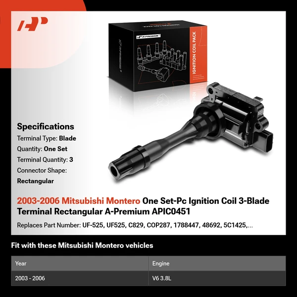 2003-2006 Mitsubishi Montero One Set-Pc Ignition Coil 3-Blade Terminal Rectangular A-Premium APIC0451