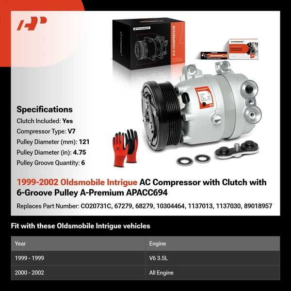 1999-2002 Oldsmobile Intrigue AC Compressor with Clutch with 6-Groove Pulley A-Premium APACC694