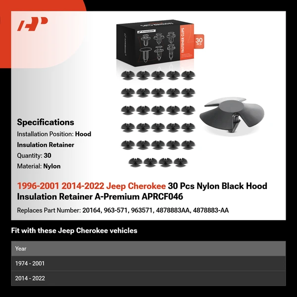 1996-2001 2014-2022 Jeep Cherokee 30 Pcs Nylon Black Hood Insulation Retainer A-Premium APRCF046