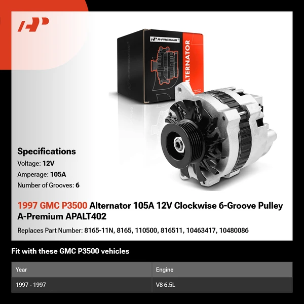 1997 GMC P3500 Alternator 105A 12V Clockwise 6-Groove Pulley A-Premium APALT402