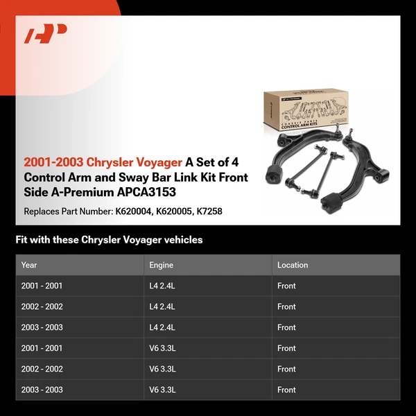 2001-2003 Chrysler Voyager A Set of 4 Control Arm and Sway Bar Link Kit Front Side A-Premium APCA3153