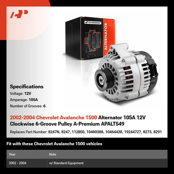 2002-2004 Chevrolet Avalanche 1500 Alternator 105A 12V Clockwise 6-Groove Pulley A-Premium APALT549
