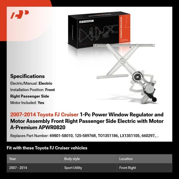 2007-2014 Toyota FJ Cruiser 1-Pc Power Window Regulator and Motor Assembly Front Right Passenger Side Electric with Motor A-Premium APWR0820