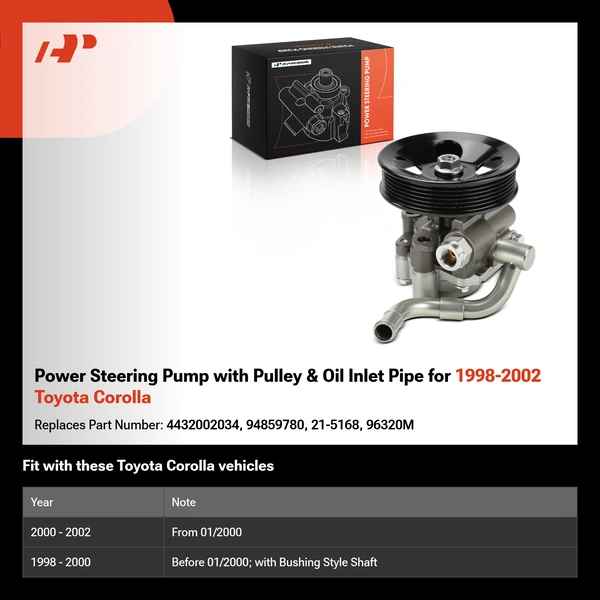 Power Steering Pump with Pulley & Oil Inlet Pipe for 1998-2002 Toyota Corolla