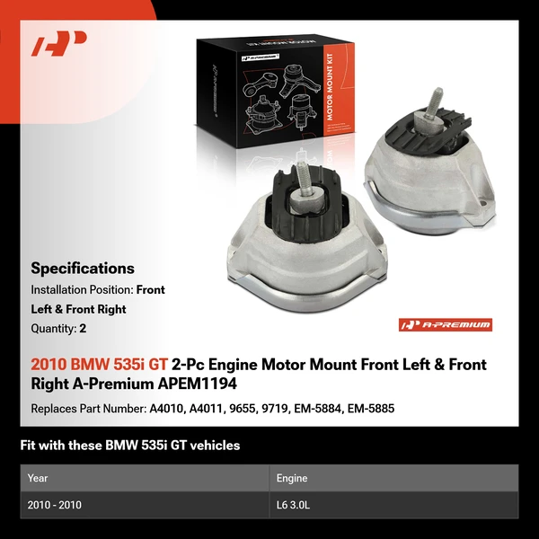 2010 BMW 535i GT 2-Pc Engine Motor Mount Front Left & Front Right A-Premium APEM1194