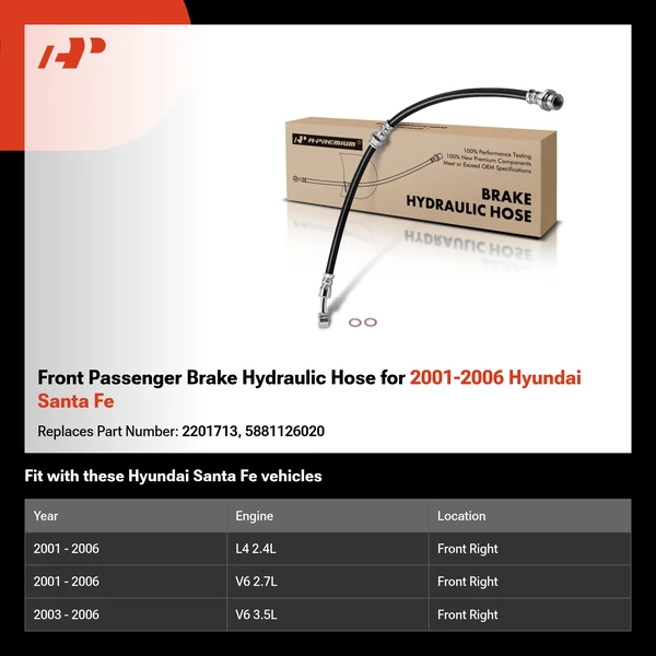 Front Passenger Brake Hydraulic Hose for 2001-2006 Hyundai Santa Fe